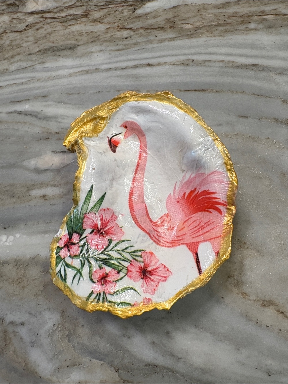 Pink Flamingo Decorative Oyster Shell Dish with Gold Edge